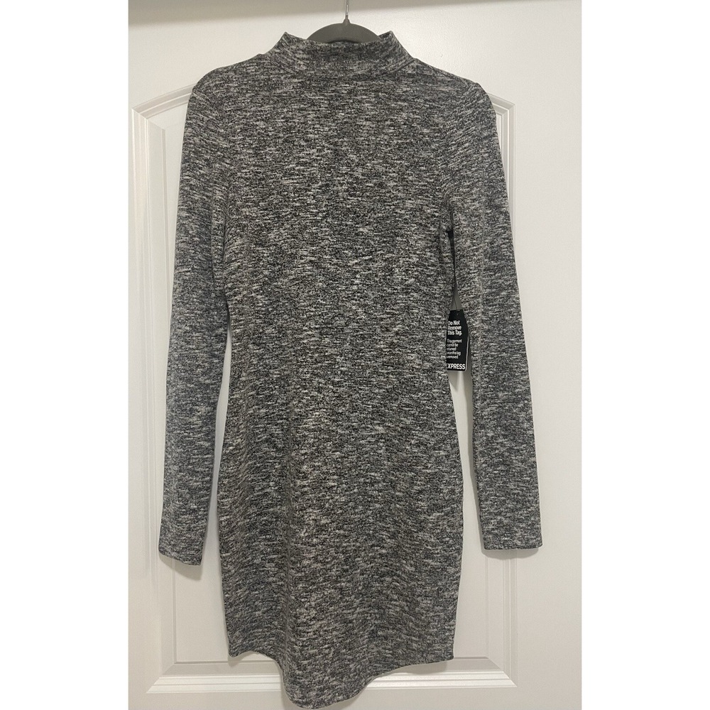 Express Bodycon Dress Sm Grey Space Dye Mock Neck Long Sleeve Office Stretch NWT